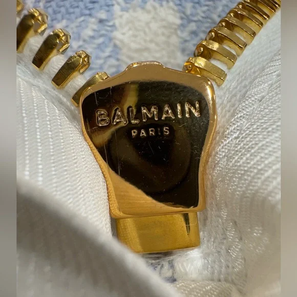 BALMAIN Blue & White Frayed gingham cotton-blend tweed Mini Dress FR36